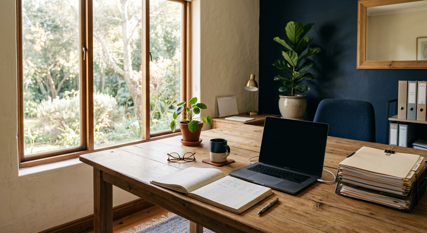 A calm office workspace with open ledgers and files on a long oak desk