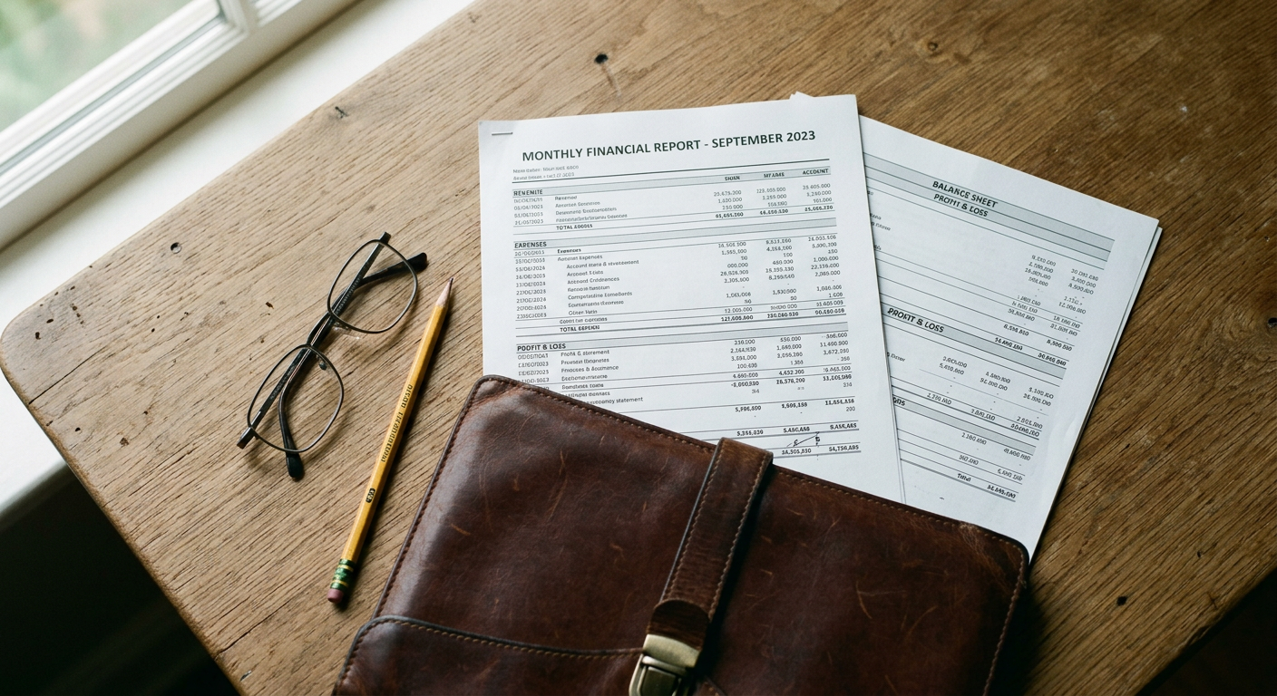 Printed financial statements and a leather folder on an oak desk
